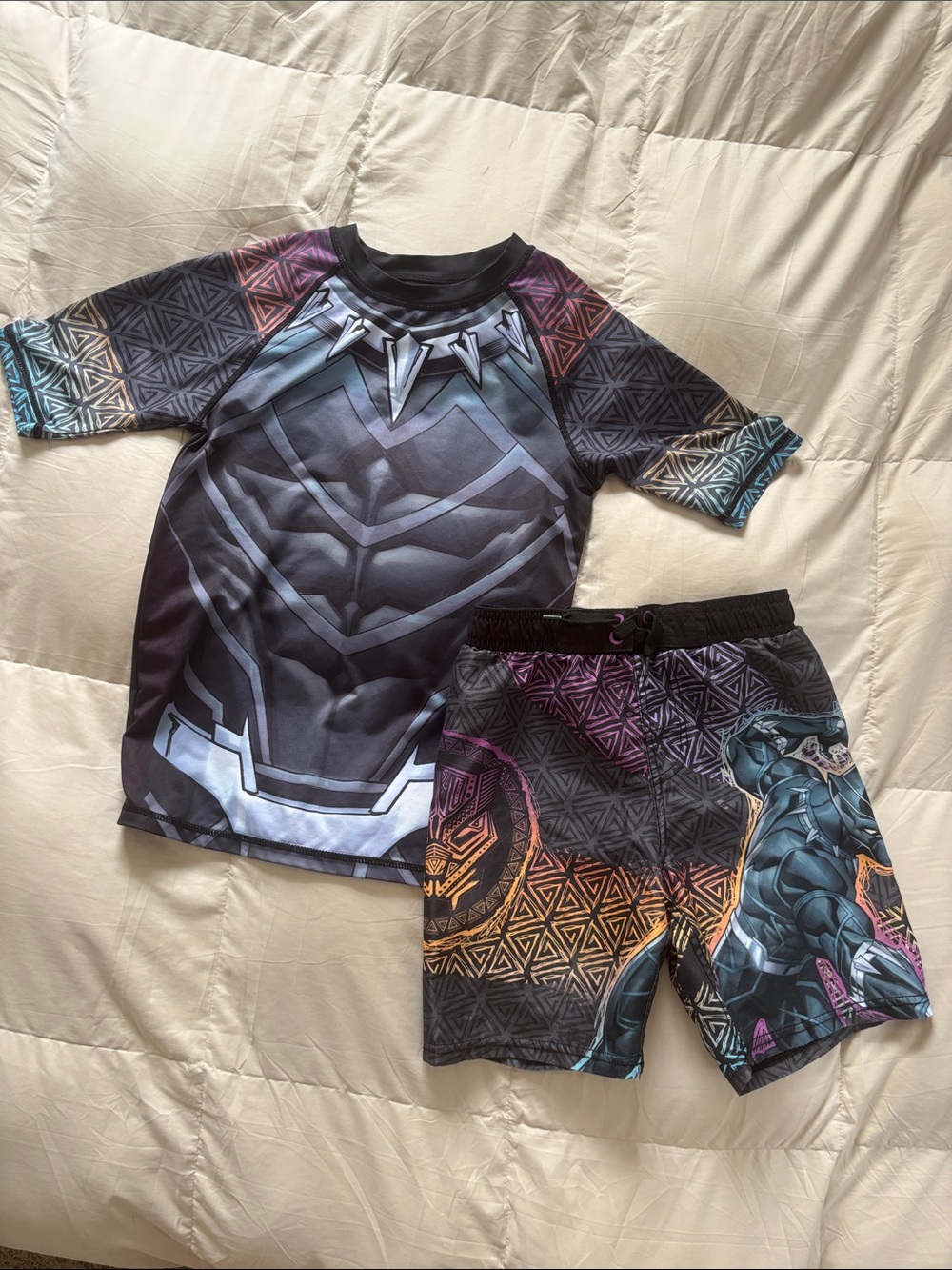 Marvel Black Panther Kids Swim Rashguard Trunks Set Black, Purple, Teal, Orange